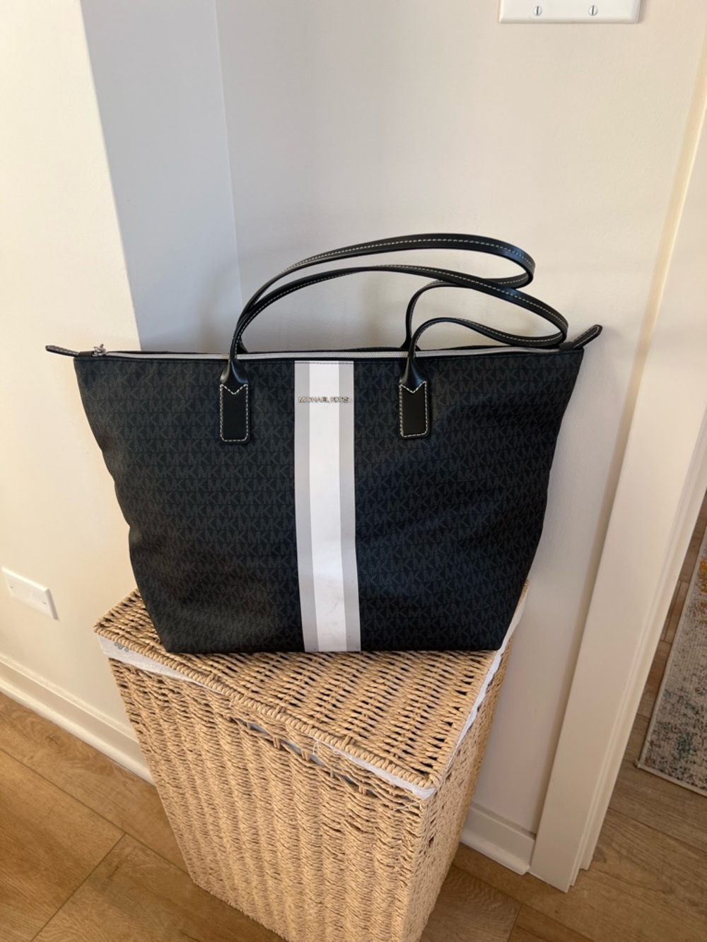 Michael Kors Black Tote with White Center Stripe